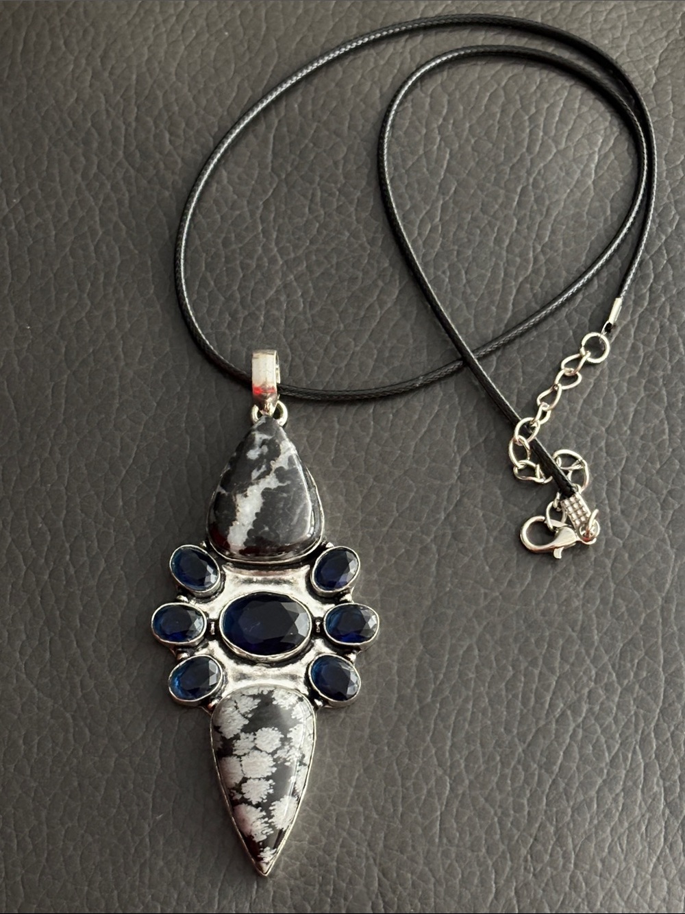 Snowflake Obsidian and simulated Saphire Stone Teardrop Pendant Necklace